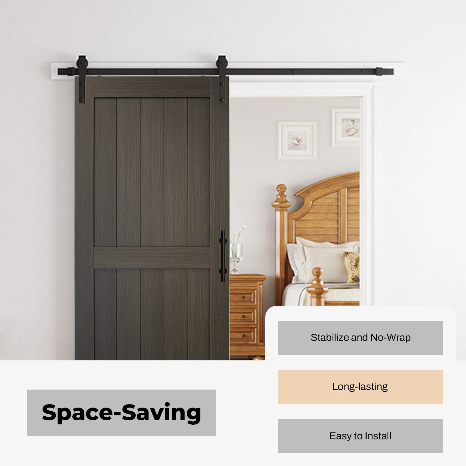 باب الحظيرة 36 بوصة × 84 بوصة مع مجموعة أدوات منزلقة بطول 6.6 قدم، باب منزلق باللون الرمادي الداكن، لوح مطلي بالبلاستيك مع سطح مقاوم للماء