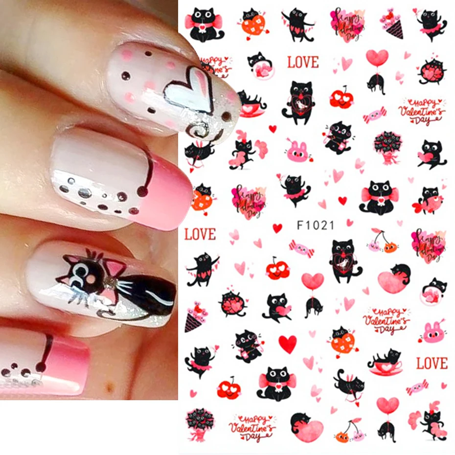 

Cartoon Valentine Nail Stickers 3D Love Heart Cat Bear Balloon Rose Letter Romantic Foils Gel Polish Slider Manicure Decoration