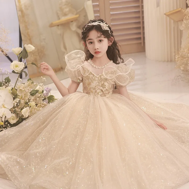 Champagne Flower Girl Dress Floral Lace Applique Children Wedding Party Gowns New Kids Clothes Princess First Communion Costume