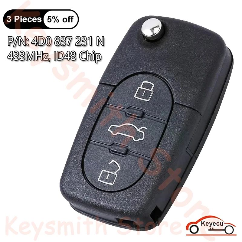 KEYECU 3 Buttons 433MHz ID48 Chip for Audi A6 Quattro S6 TT Quattro 2002 2003 2004 Auto Flip Remote Key Fob P/N: 4D0 837 231 N