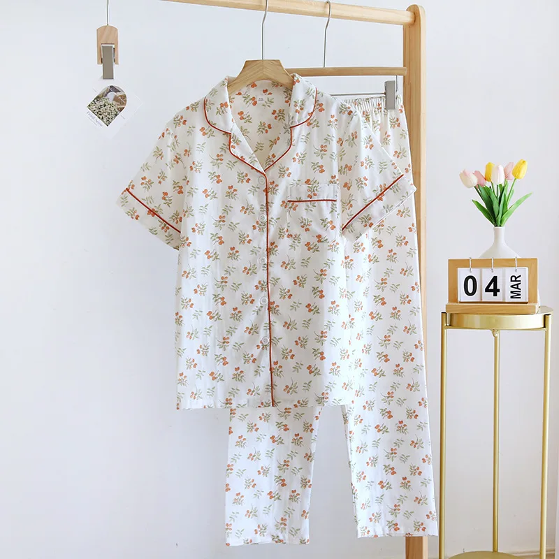 2024 Japanese new spring and summer short-sleeved trousers pajamas 2-piece set 100% cotton gauze flower cartoon home service set