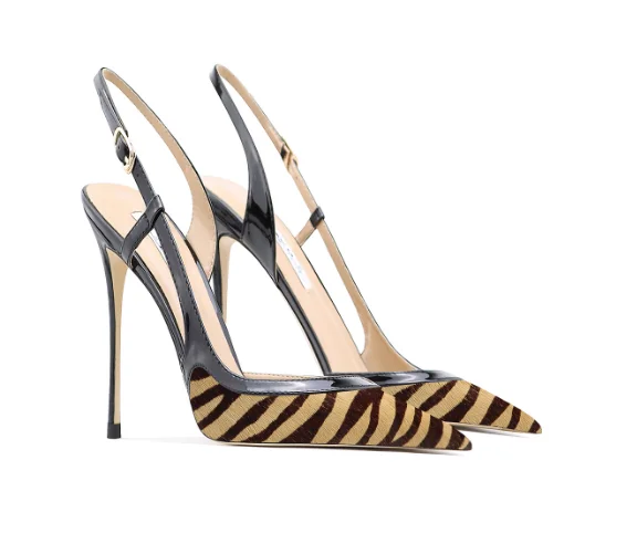 Tiger Patterned Back Strap Sandals with Thin Heel, Pointed Hollow, Straight Toe Strap, Toe Cap, High Heels for Women