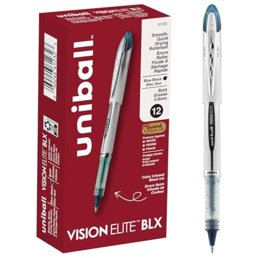 uniball Vision Elite BLX Rollerball Pens, Bold Point 0.8mm,Blue BLX Ink, 12 Pack