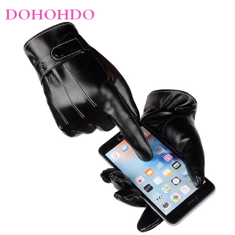 남성용 루오 코우 블랙 가죽 장갑 가을 겨울 터치스크린 멋진 플러스 벨벳 PU 가죽 장갑 겨울 따뜻한 오토바이 장갑
