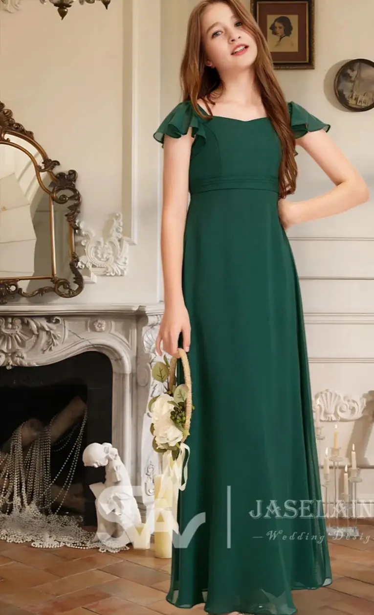 GHK Floor Length Chiffon Junior Bridesmaid Dress With Square Neckline Flower Girl Dress Girls Party Dress Wedding Formal Dress