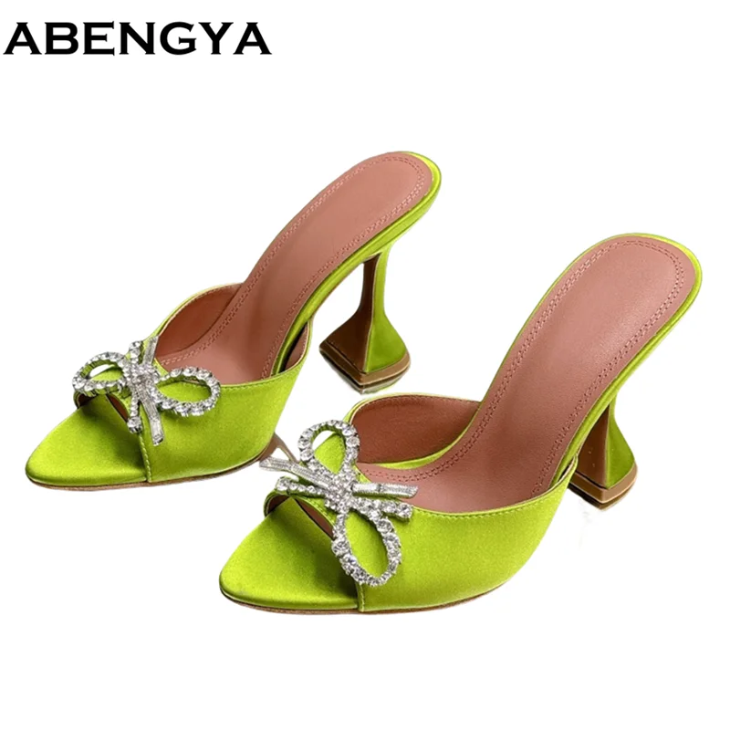 

New Crystal Bowknot Point Open Toe Slippers Women High Heels Dress Shoes Ladies Summer Sexy Crystal Party Sandalias de mujer