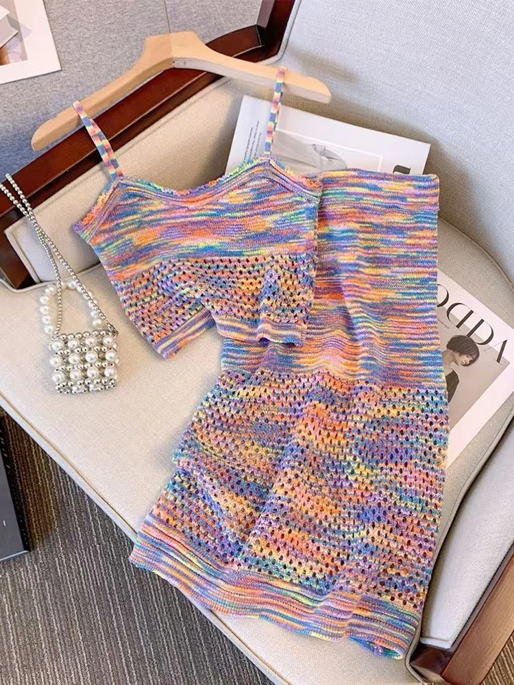 Summer Beach Two Pieces Sets Women Sexy Y2k Vintage Camisole+A Line Long Skirt Fashion Elastic Bohemian Suits 2000s Clothes