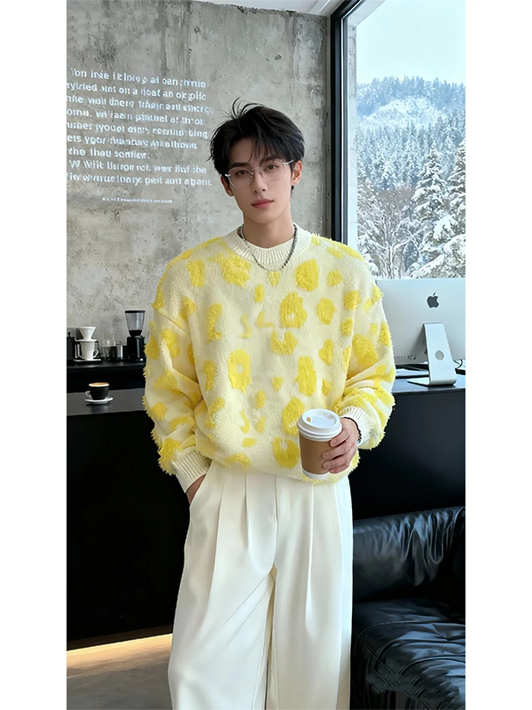 

Мужской вязаный свитер Dopne с вышивкой, круглым вырезом, в корейском стиле, для зимы, модный, для ношения под одеждой