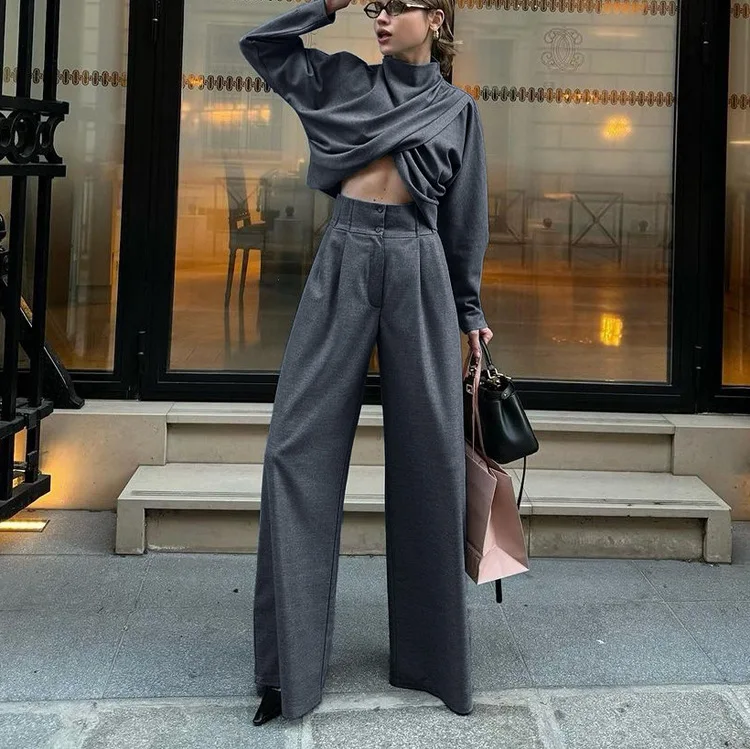 Elegant Commuter Women's Suit Fashionable Crossover Design Long-sleeved Top Paired With Wide-leg Pants Casual Solid Color Suit