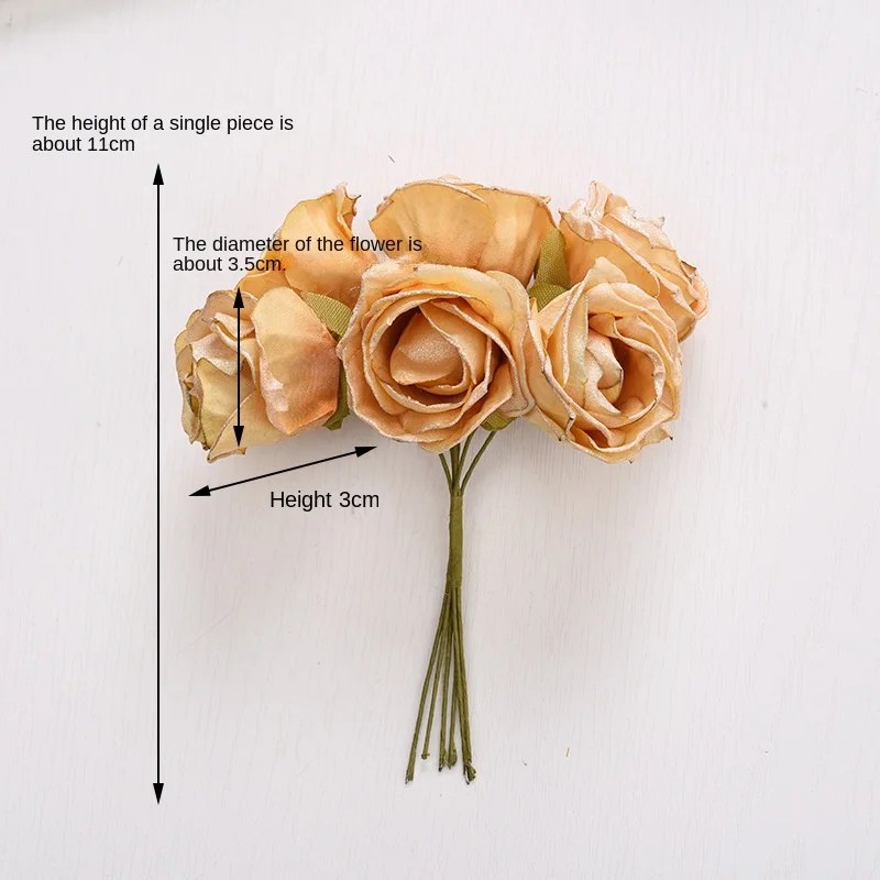6pcs artificial flower 4cm silk bright pink rose bouquet for wedding home decoration DIY wreath gift box scrapbook fake flower
