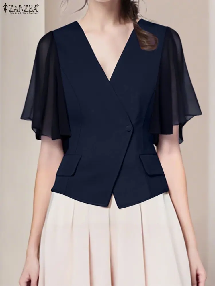 

Элегантная модная офисная рубашка с v-образным вырезом ZANZEA, стильная женская блузка, лето 202, лоскутные топы с короткими рукавами, женские OL Work Blusas