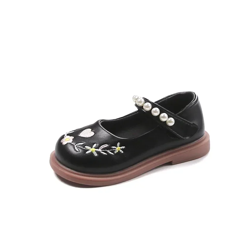 Girls' PU Leather Shoes Spring Autumn New Korean Baby Girl Embroidered National Style Pearl Soft Sole Princess Flats Loafer