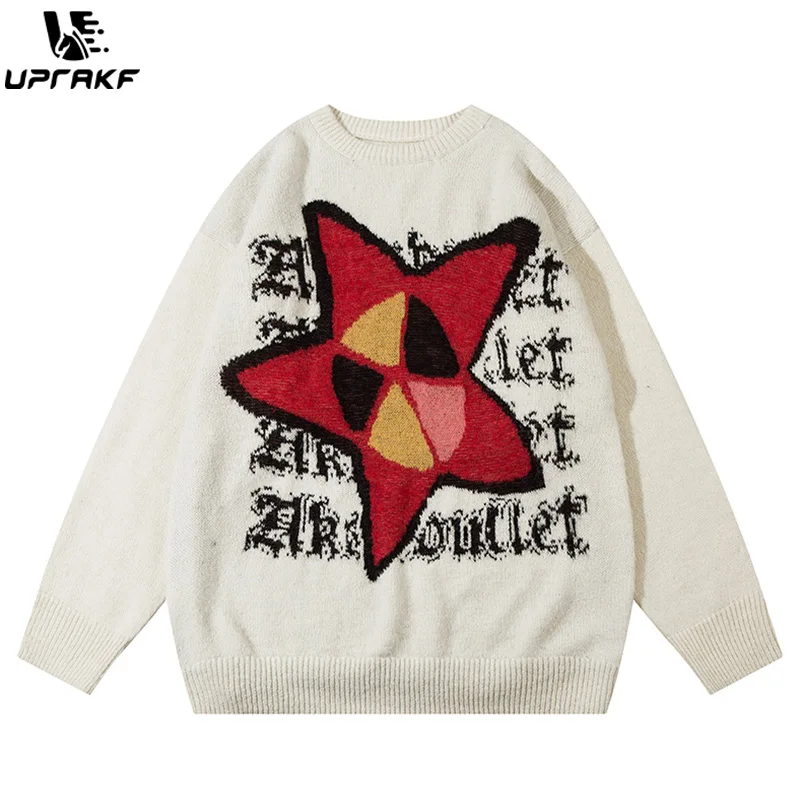 UPRAKF Star Graphic Sweater Autumn Loose Knitted Jumper Winter Fashion Streetwear Trendy Pullover Warm Casual