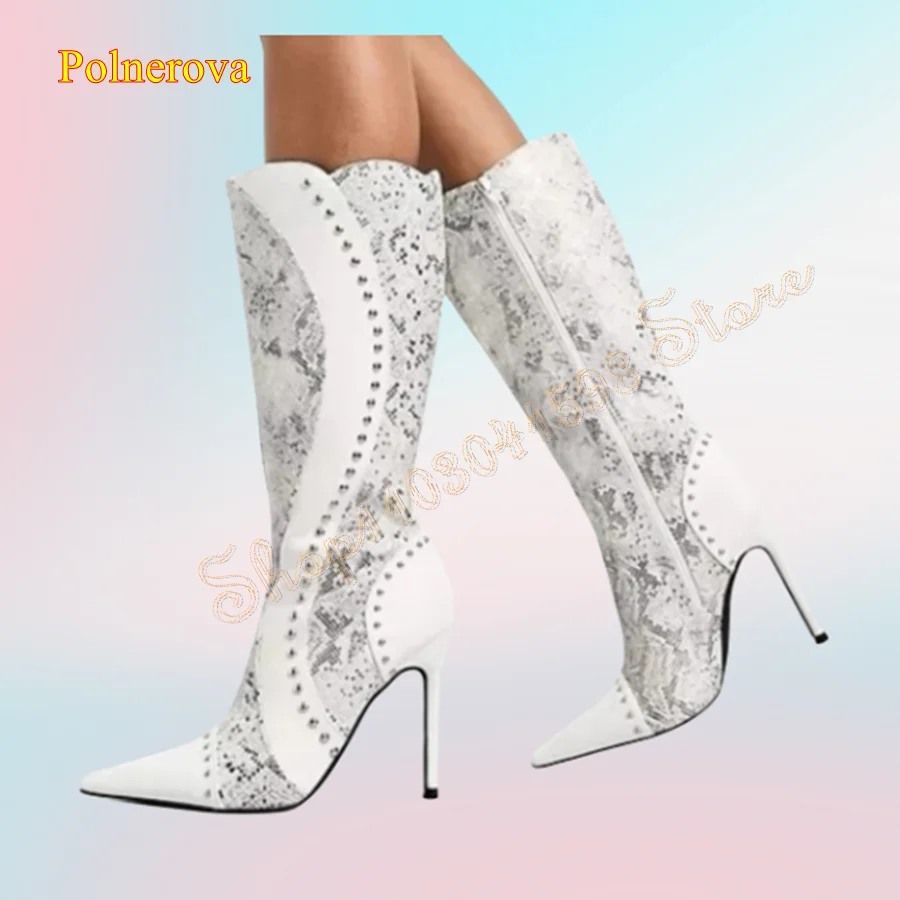 White Leather Snake Print Patchwork Boots Pointed Toe Zipper Knee Boots Party Stiletto Women Boots 2024 New Zapatos Para Mujere