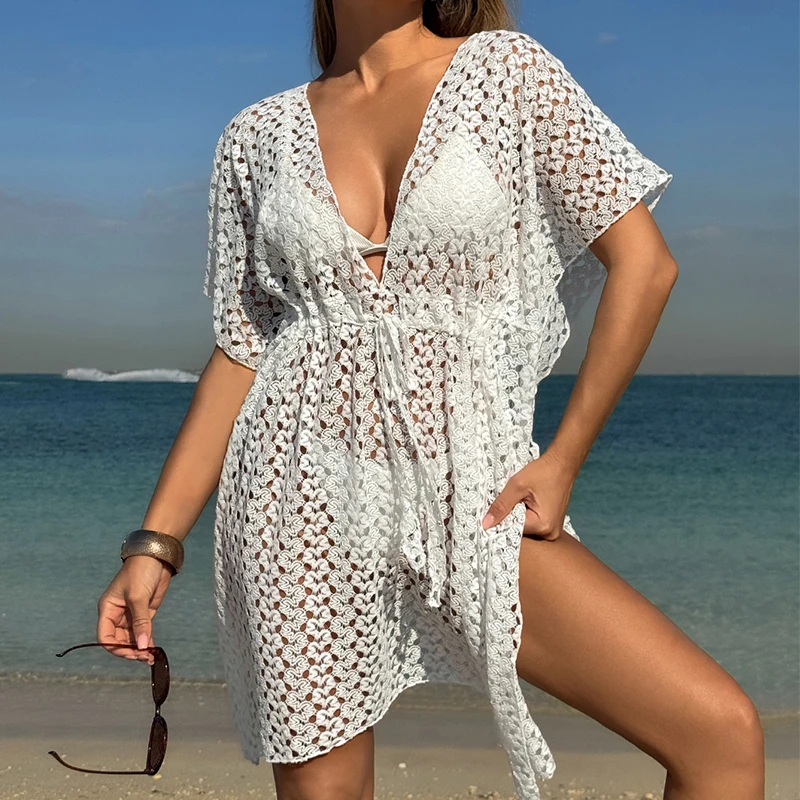 Sexy Deep V Neck Long Sleeve Slit Wrap Dress Knitting Hollow Out Beachwear Cover Up Summer Holiday Beach Elegant Short Dress