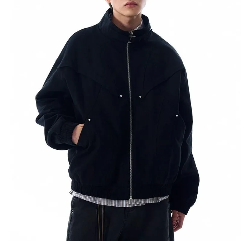 Japanese Style 3D Cut Stand Collar Workwear Jacket Men's Loose Casual Cleanfit Jacket Hard Wide Heavy Cargo Coats Strretwear