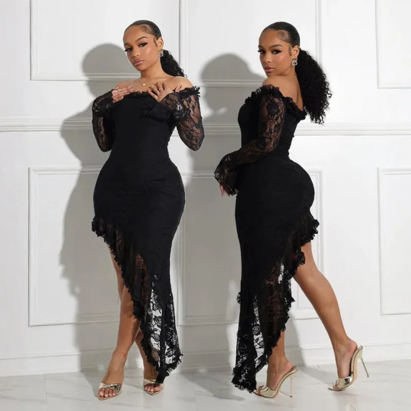 KEXU Full Sleeve Lace See Through Ruffles Bodycon Irregular Long Dress Summer Birthday Women Sexy Night Party Dresses Vestido