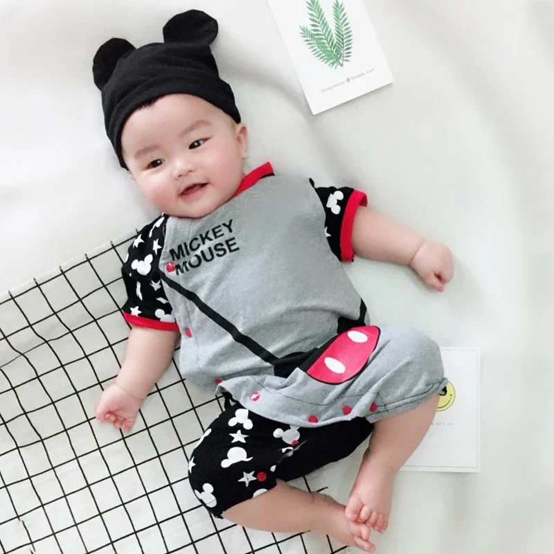 Spring Baby Rompers+Hat 2pcs Set Cartoon Mickey Minnie Boys Girl Jumpsuit Infant Costumes Newborn Baby Clothes Lovely Baby Suits