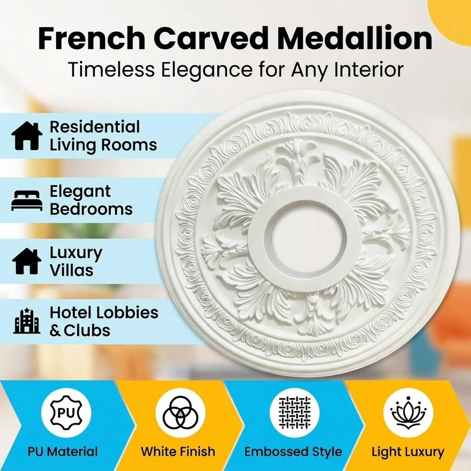 Decorative Ceiling Light Medallion Classic French Pattern PU Cover for Chandelier Base Easy DIY Install