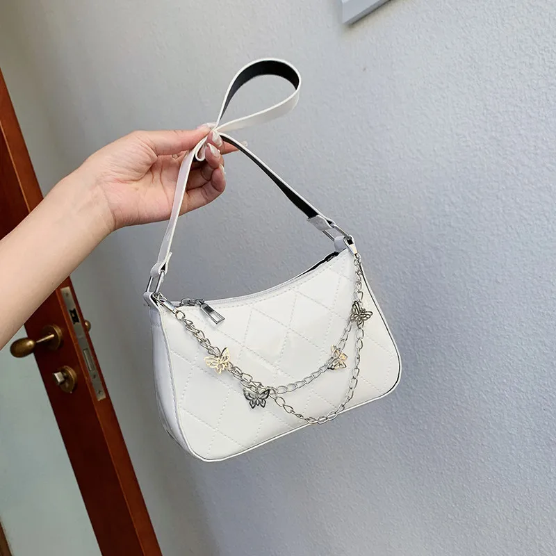 Fashion Women PU Leather Small Shoulder Underarm Bag Ladies Vintage Butterfly Chain Pure Color Zipper Mini Purse Handbag