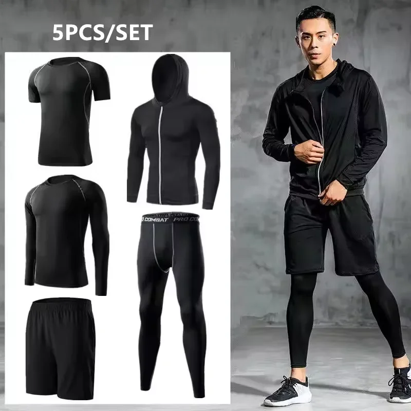 Solid color sports suit men's running suit compression gym fitness exercise fast drying basketball leggings morning running suit
