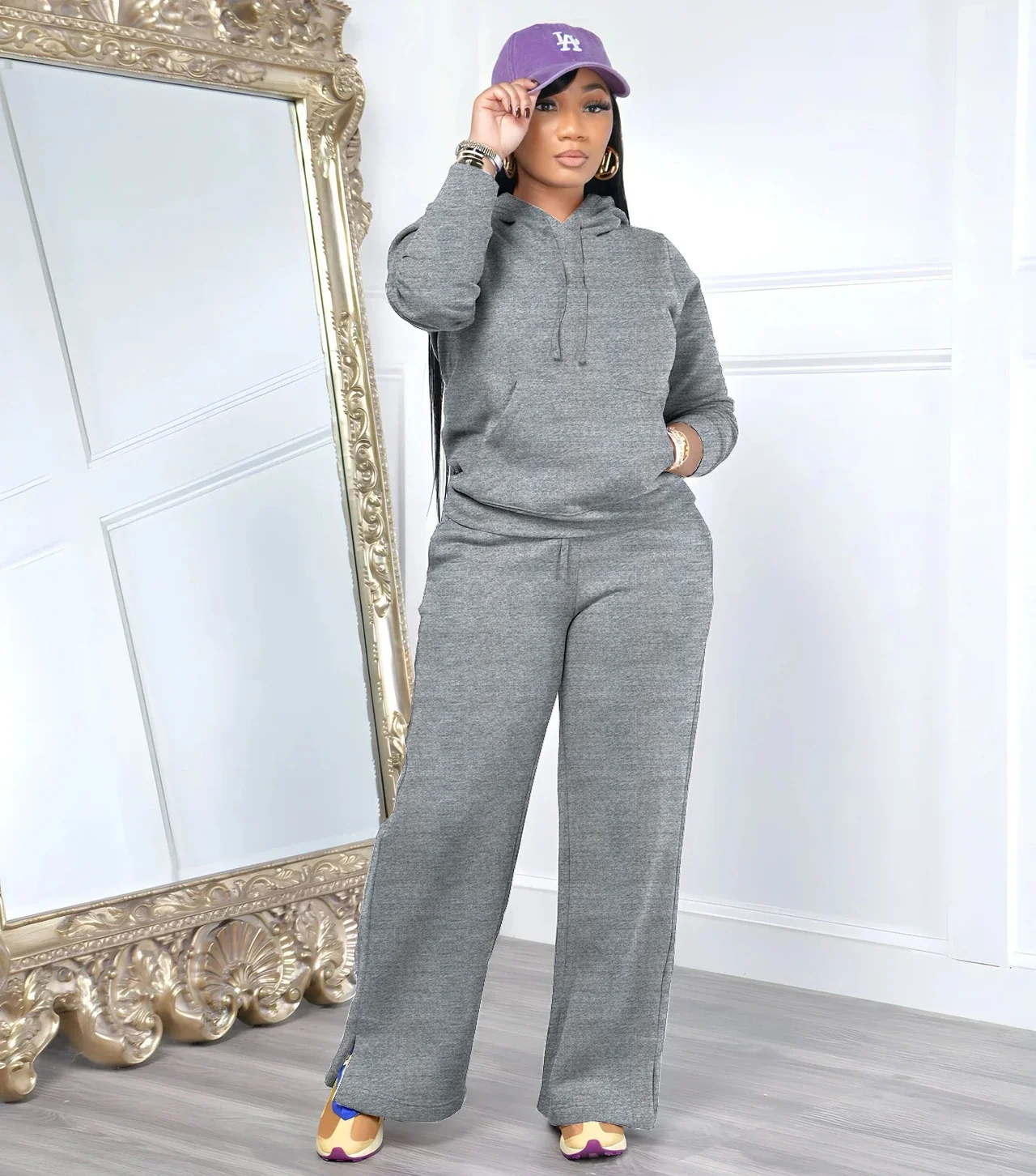 Women Sport Two Piece Outfit Winter Casual 2 Piece Set Hoodies Tops Wide Leg Pants Set Women Tracksuit