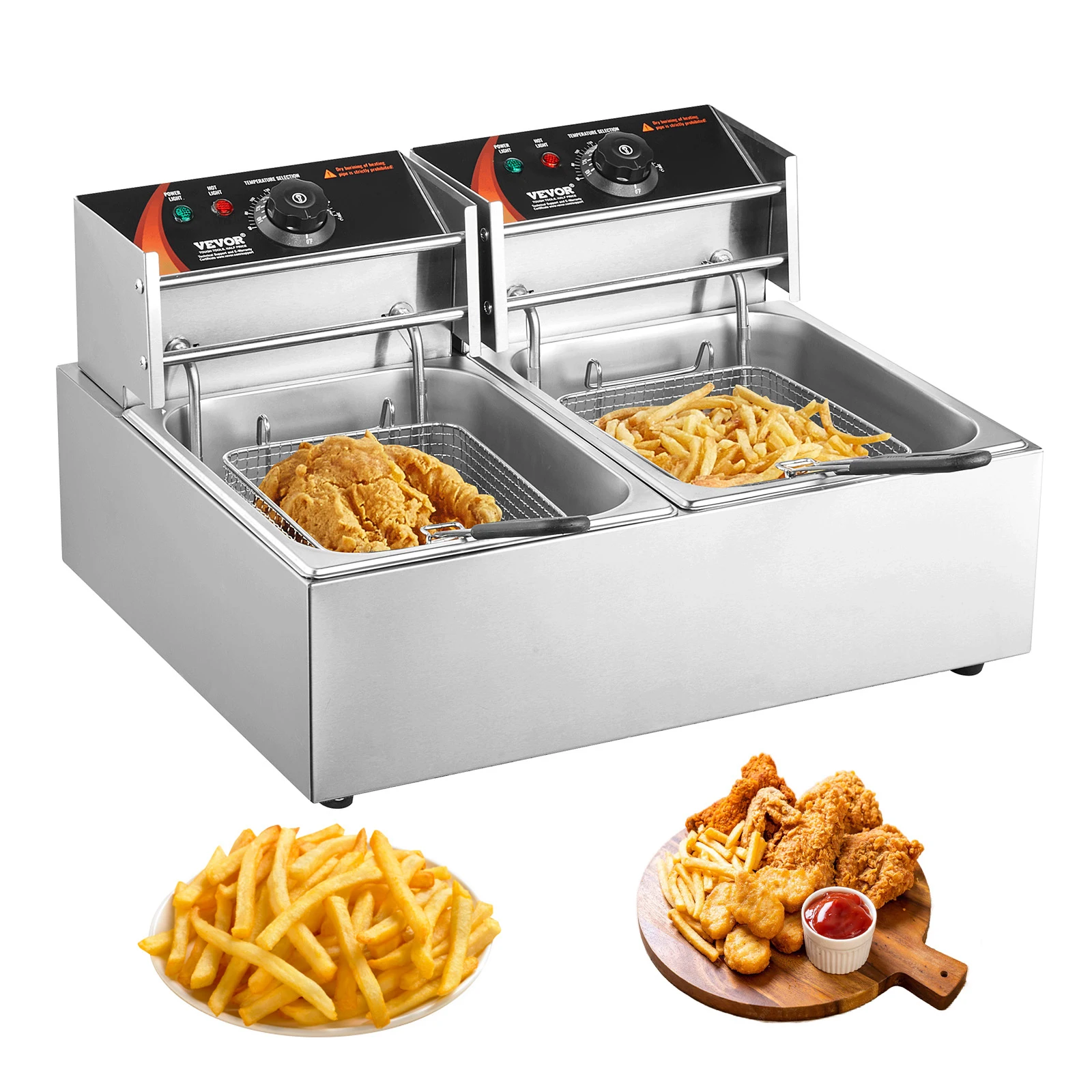 SucceBuy Friteuse électrique commerciale 12L avec double réservoir Friteuse de comptoir en acier inoxydable 3000W pour poulet frit frites