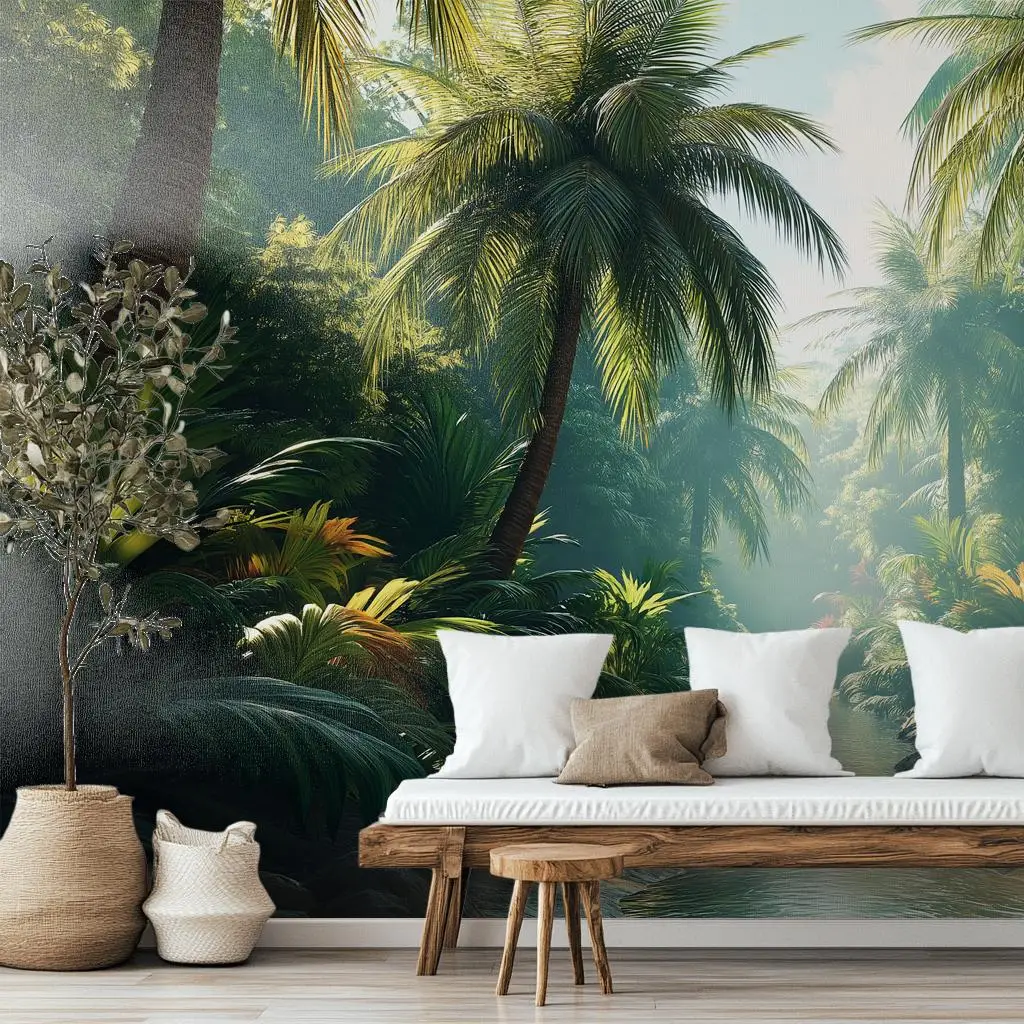 Customized size wallpaper, rainforest plant landscape mural, home decoration, high-definition banana tree, palm leaf wallpaper