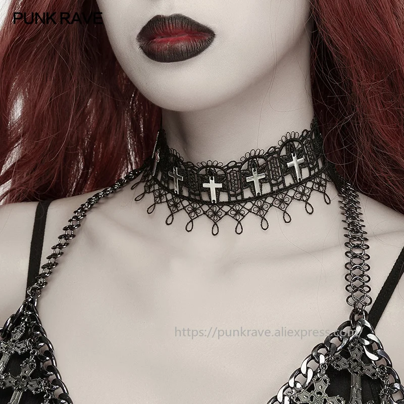 PUNK RAVE Women's Symmetrical Vintage Cross Patterns Hollow Lace Choker Classic Elegant Simple Shape Party Club Accessories view 3