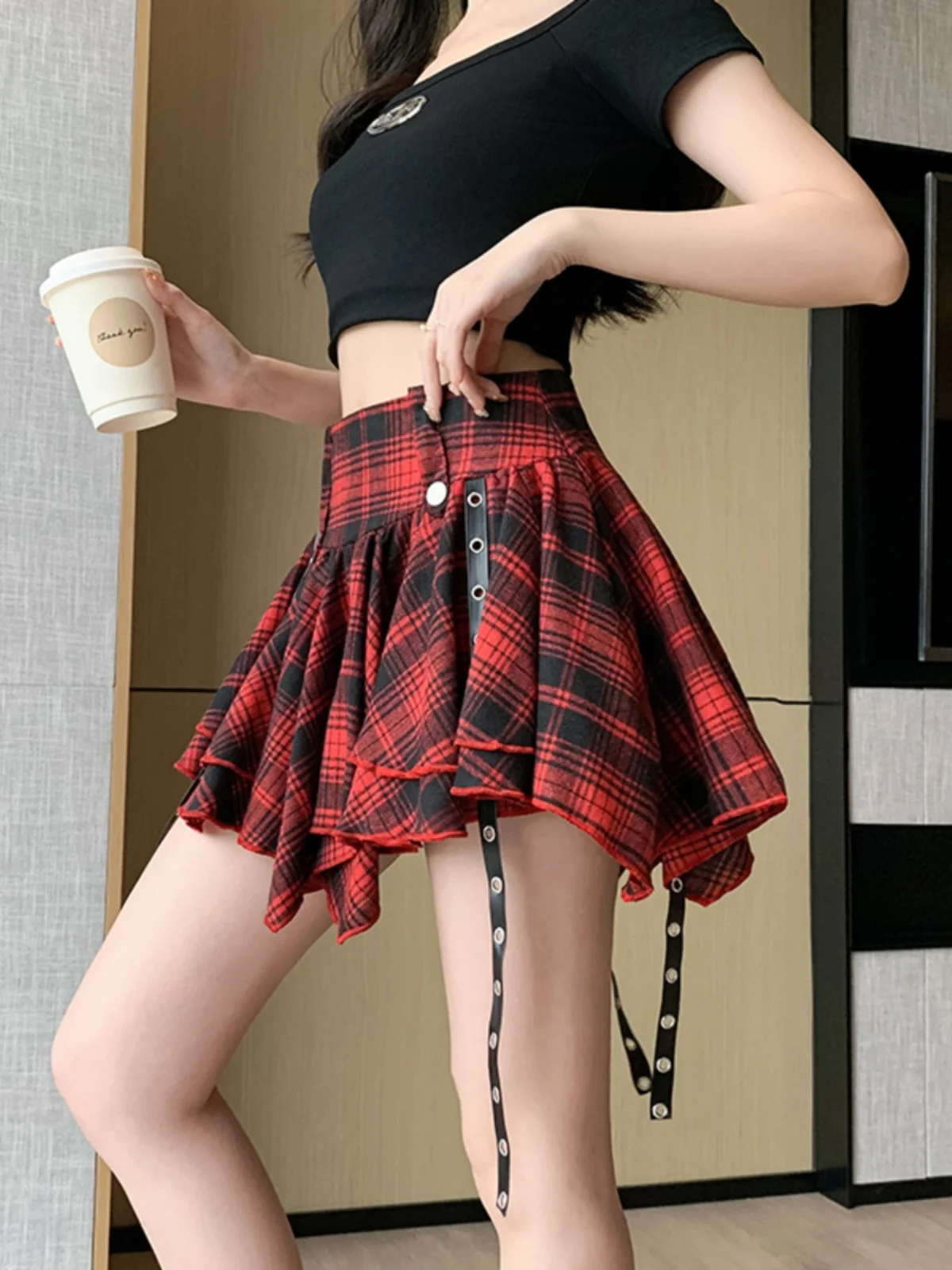 Minirok met hangende doorvoertule Gelaagde ruches Hoge taille Tartan rok Dames Tiener-meisje Grunge Punk Rock Y2K Outfit