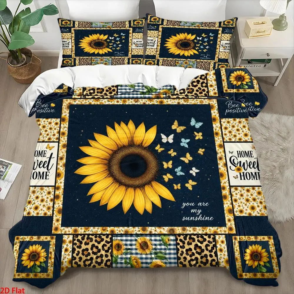 3Pc Sunflower Print Quilt Cover Set, Three-Piece Bed Set (1*Quilt Cover + 2*Pillowcases), Quilted Quilt Cover, Bedroom Decoration, Zipper Closure, Soft and Comfortable, Double Bed Bedding, Suitable for All Seasons, Modern Minimalist, Light Luxury Style, Skin-Friendly and Breathable, Easy to Clean and Durable, Wrinkle-Resistant, Machine Washable, Bedding Set Combination, Cozy Home, Student Dormitory, Nordic Style, Suitable for Home/Dormitory/Master Bedroom/Guest Room