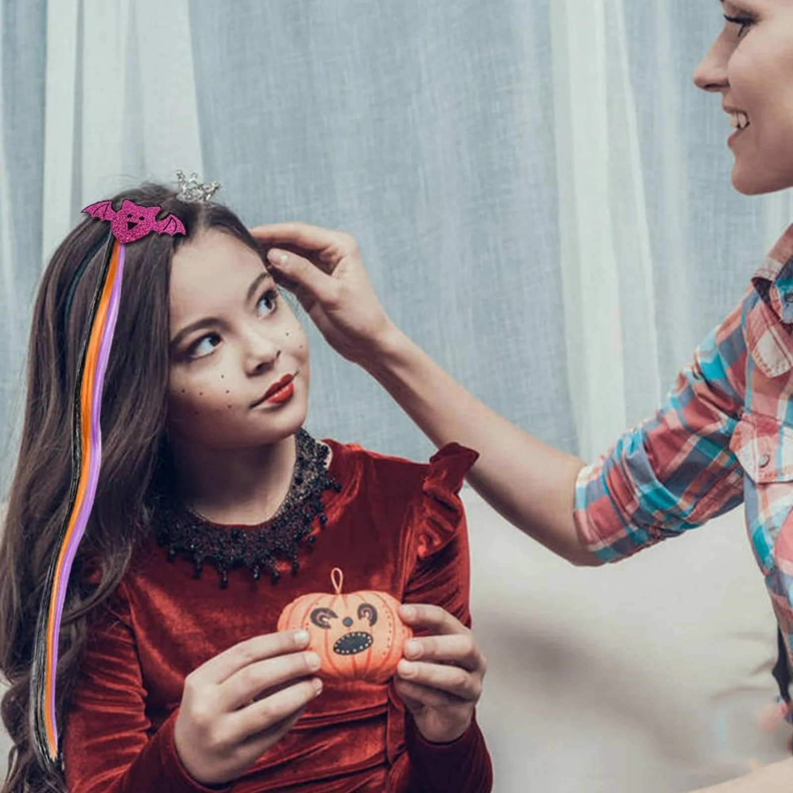 1 x Halloween-Perücken-Haarspangen für Kinder, 5-teiliges Set mit Kürbis-, Fledermaus-, Geister-, Katzen- und bunten Haarverlängerungen – Detail 10