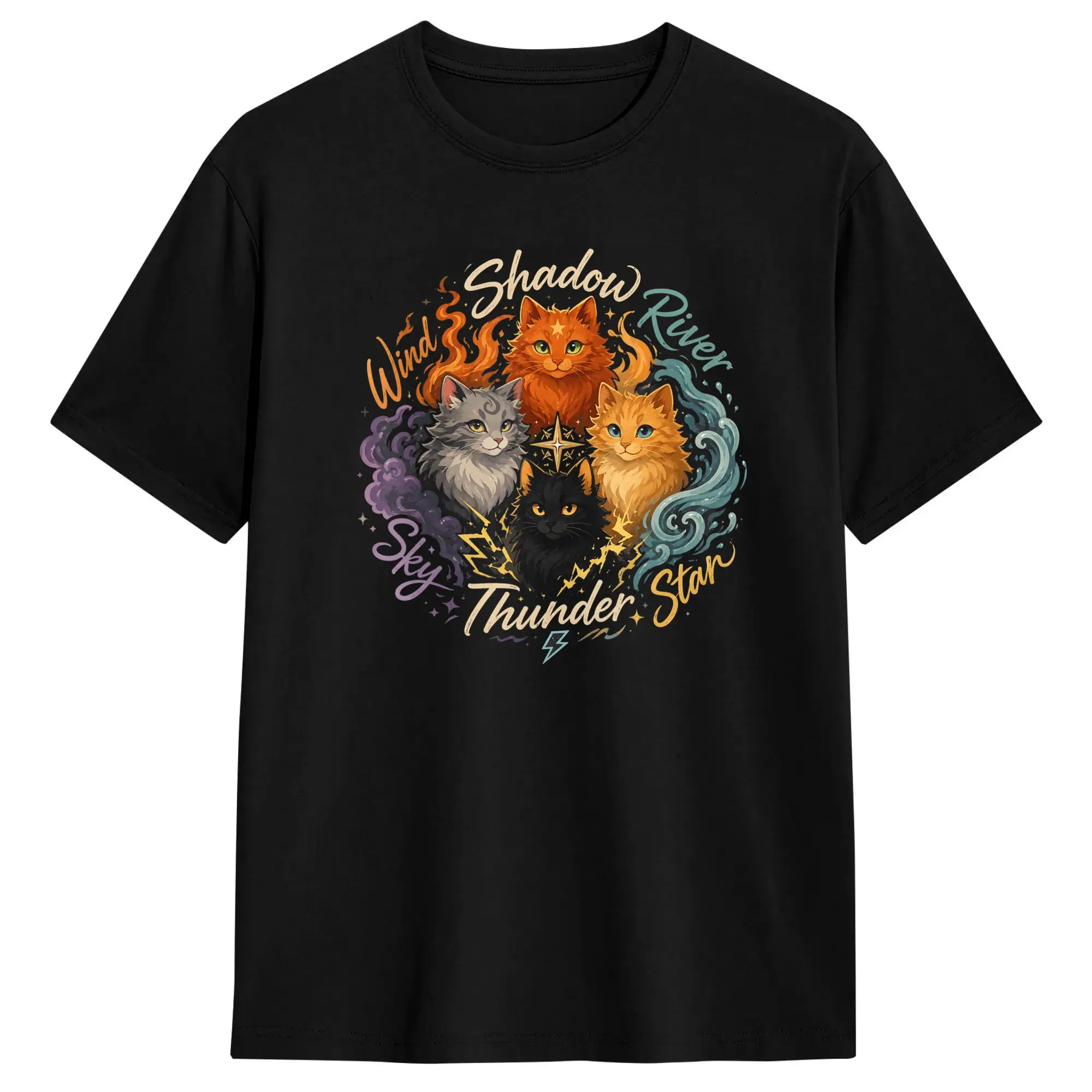 Star Thunder Sky Cat Feline T-Shirt Summer Fire Star Cat T-Shirts Men Cotton O-Neck Plus Size 5XL Tees Short Sleeves Y2K Tops