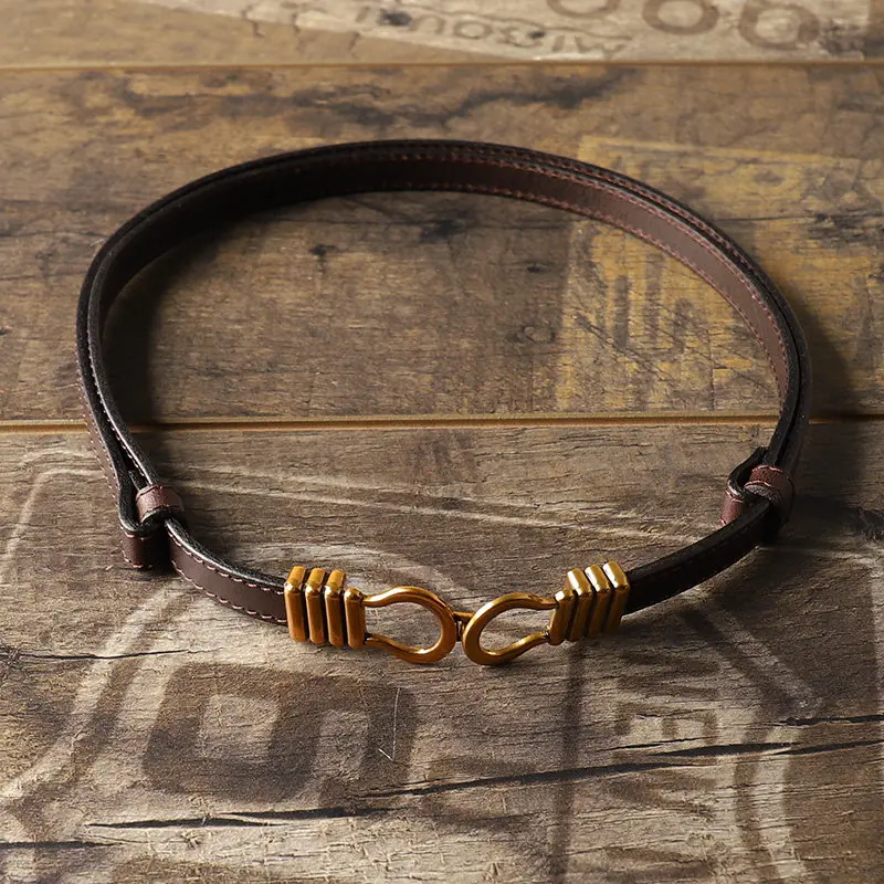 Women's Top Layer Leather Cinch Belt Lock Buckle Adjustable Skinny Waist Belt Decorative Genuine Leather Belt for Coats Dresses