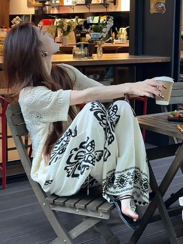 

Summer New Knitted Beige Open Cardigan Wide Leg Pants Set Women's Fashion Casual High Waist Long Pants Korean Style Two Piece...