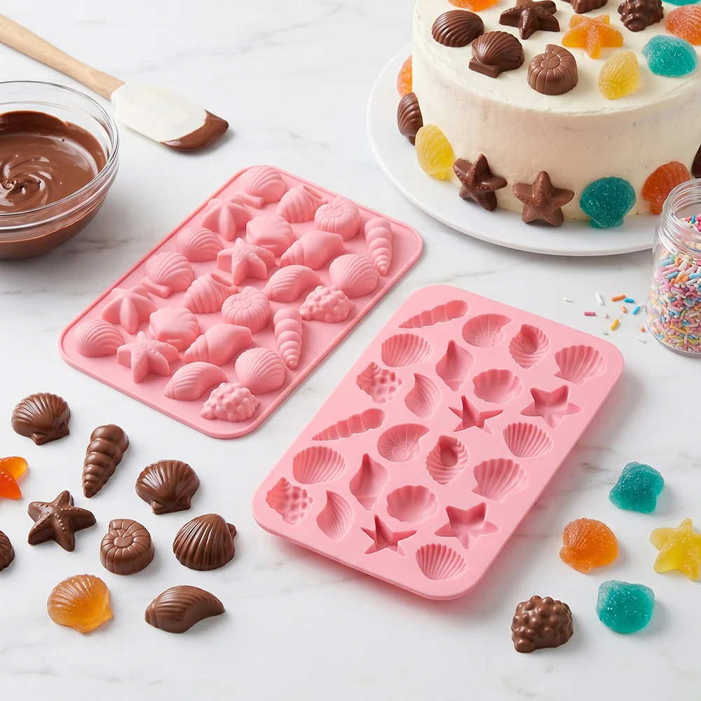 1PC 24 Hole Conch Starfish Shell Shaped Silicone Candy Mold, Mini Chocolate Gummy Candy Mold, DIY Gypsum Ornament Making Tool
