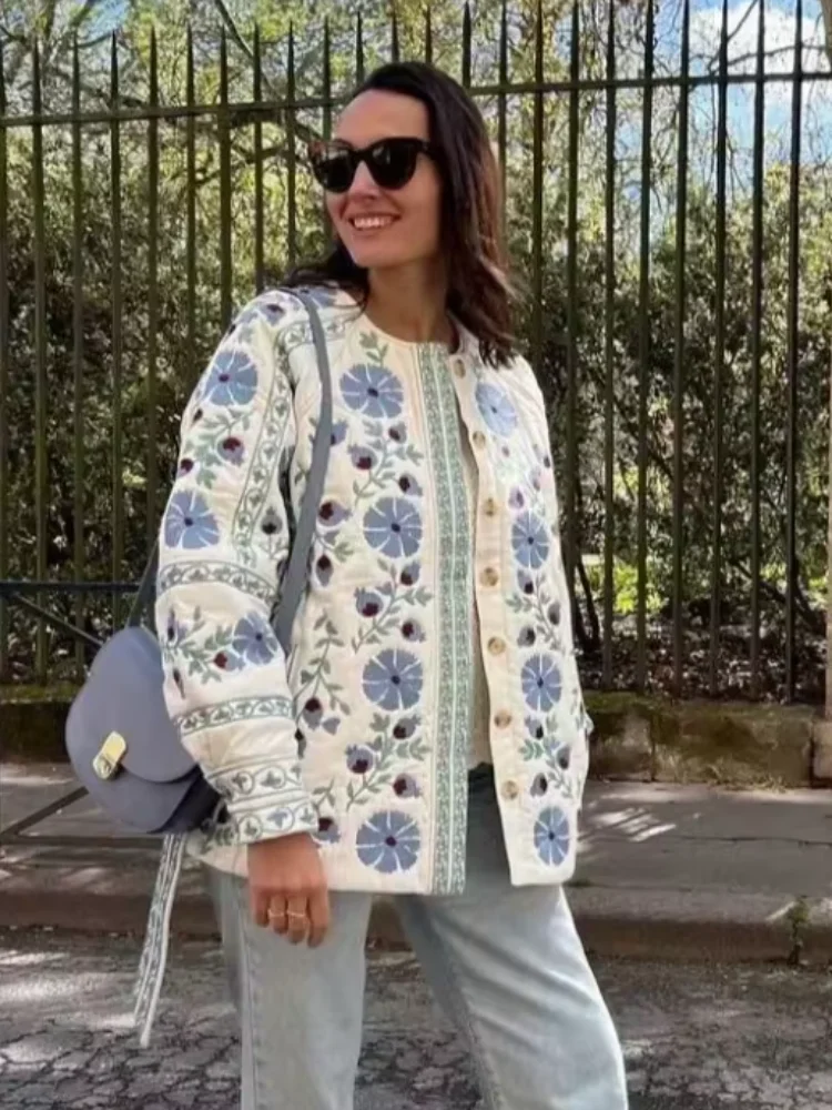 

Floral Pattern Print Cotton Jacket Elegant Woman Casual Long Sleeve O Neck Loose Blazer 2025 Single Breasted Autumn Trench Coat