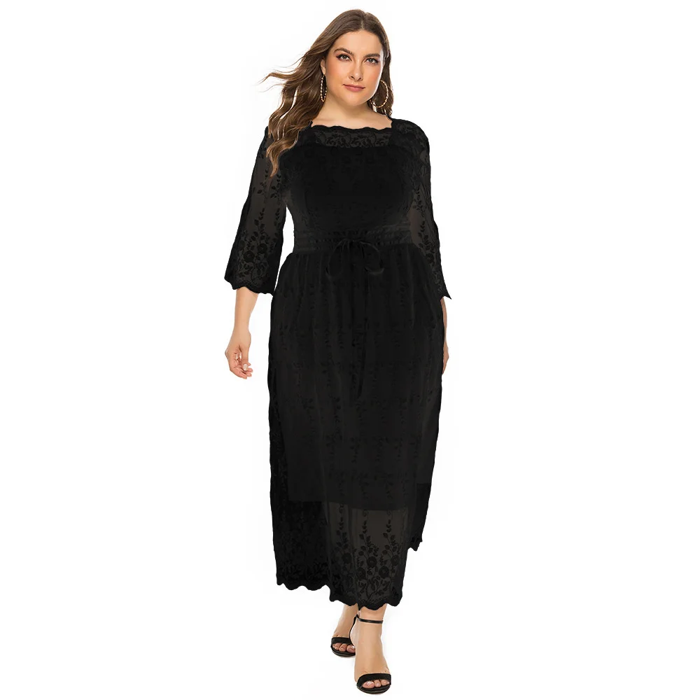 Plus Size Women's Dresses 2023 Summer New Lace Medium-sleeved Long Elegant Dresses Lar Size Female Casual Vacation Beach Dress