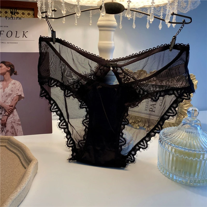 2024 Spring and Summer Thin Mesh Satin Stitching Women\'s Underwear Sexy Hollow Black Lace Briefs Quick-drying Soft Underwear