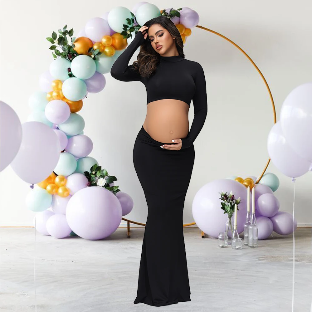 Maternity Mock Neck Long Sleeve Top Slim Maxi Skirt 2 Pcs Set Photoshoot Outfit  Wedding Party Pregnant Clothes