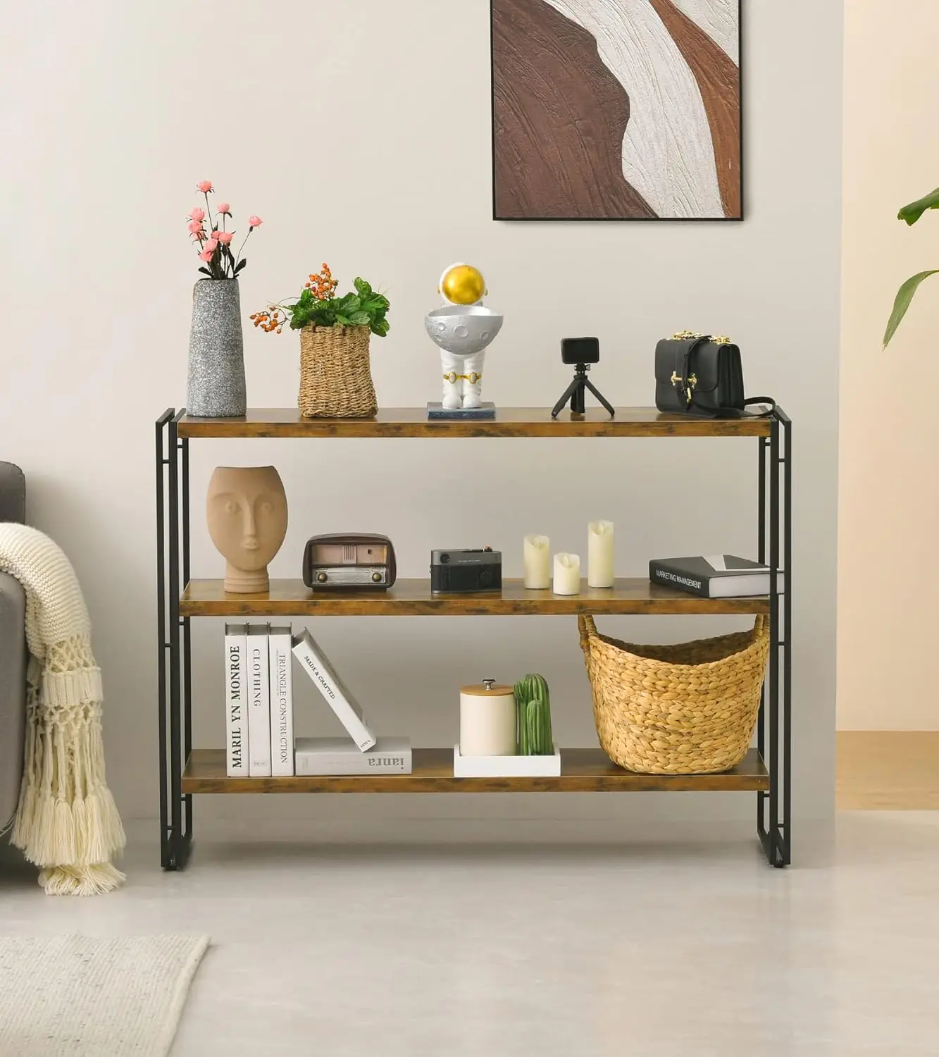 3-Tier Rustic Wood and Metal Industrial Bookcase - 40in, for Home Office, Bedroom, Kitchen, Bathroom