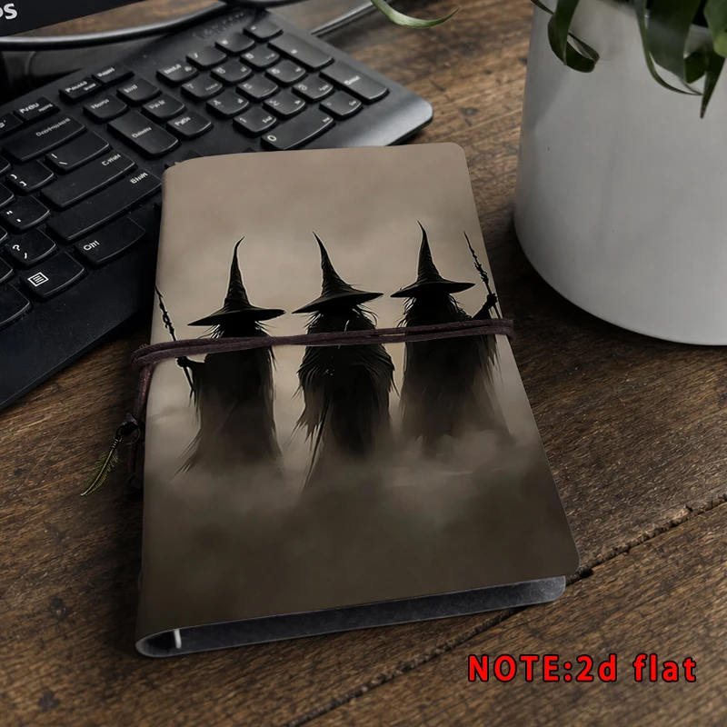 Halloween Figure Art Print Notebook Tie‑Bound PU Journal 2D Flat Cover Portable Travel Diary Gothic Aesthetic Holiday Gift