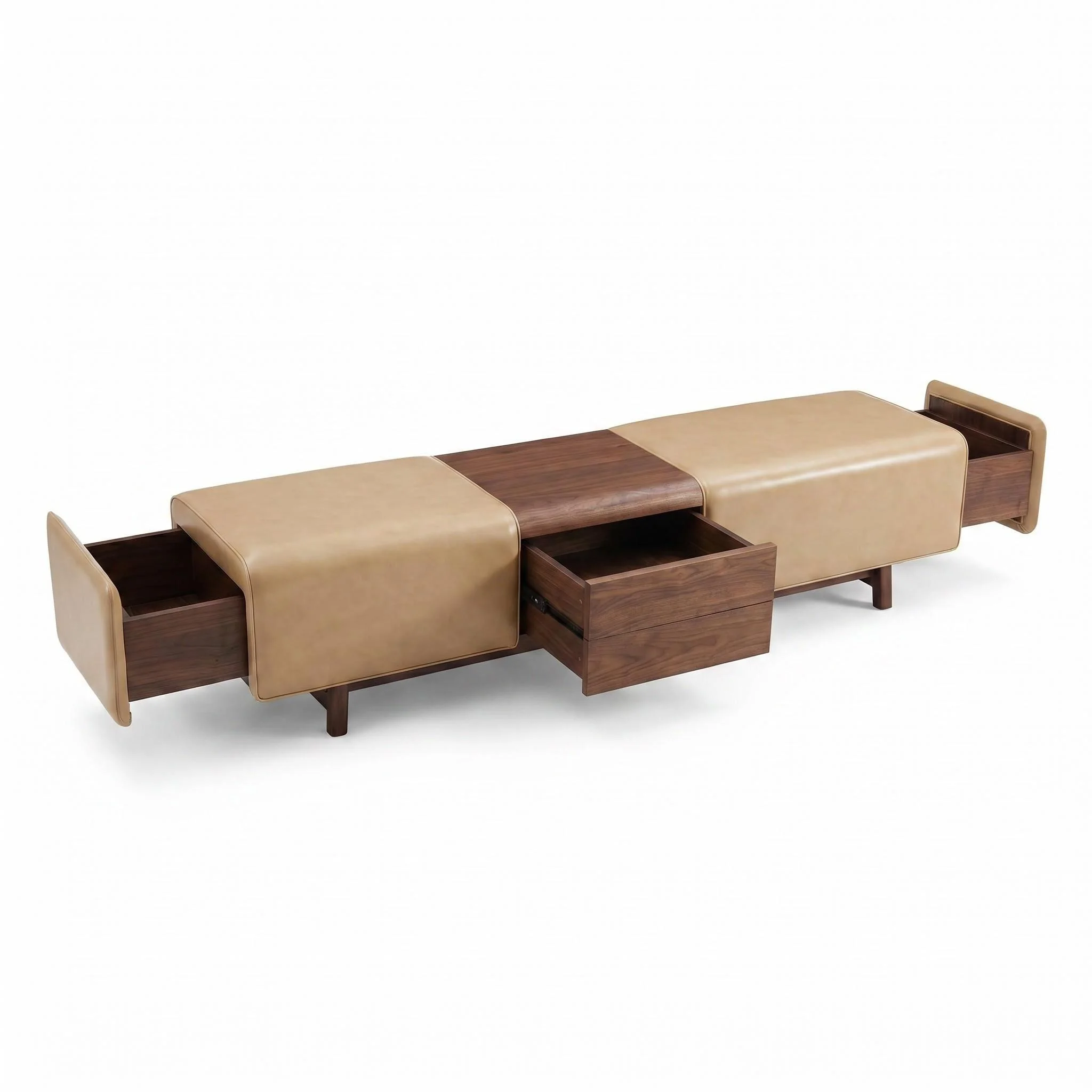 Luxury Grade Walnut Shoe Bench Storage Cabinet: Nappa Leather Wrapped Ends & Soft Close Slides for Entryway