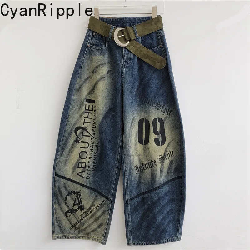 American Vintage Letters Printed Machete Pants Handsome New Spring Autumn All-match High Waist Floor-length Women Straight Jeans