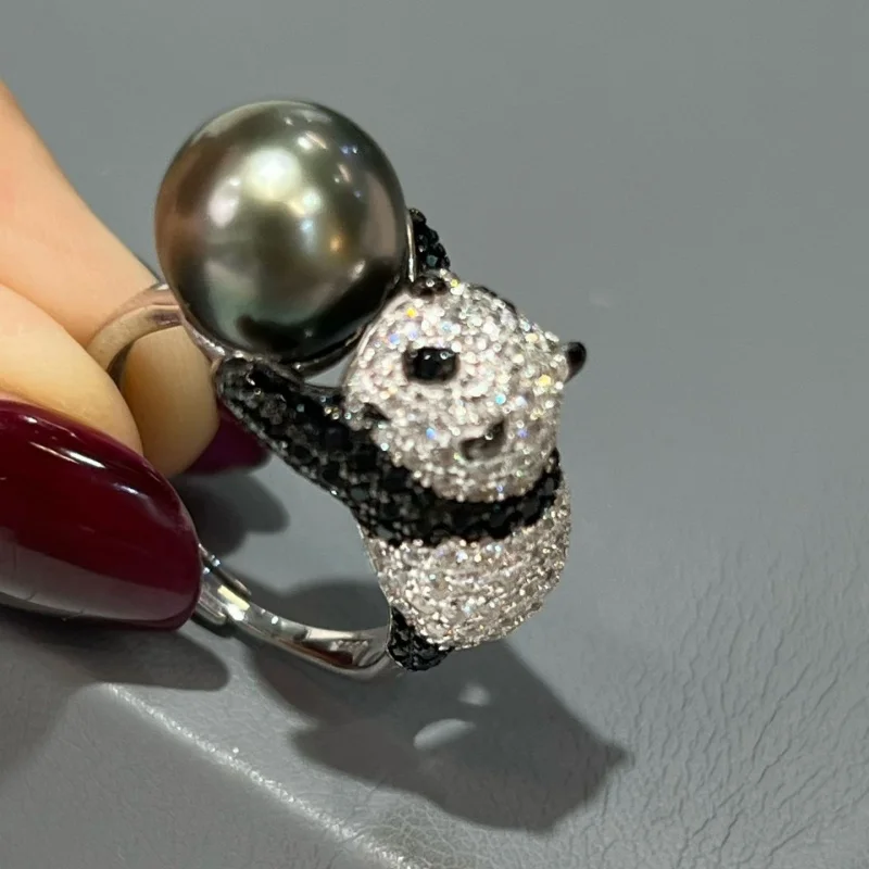 SGARIT Natural Round Black Tahiti Pearls 10-11mm 925 Sterling Silver Pearl Panda Ring Fashion Jewelry Adjustable Opening Size