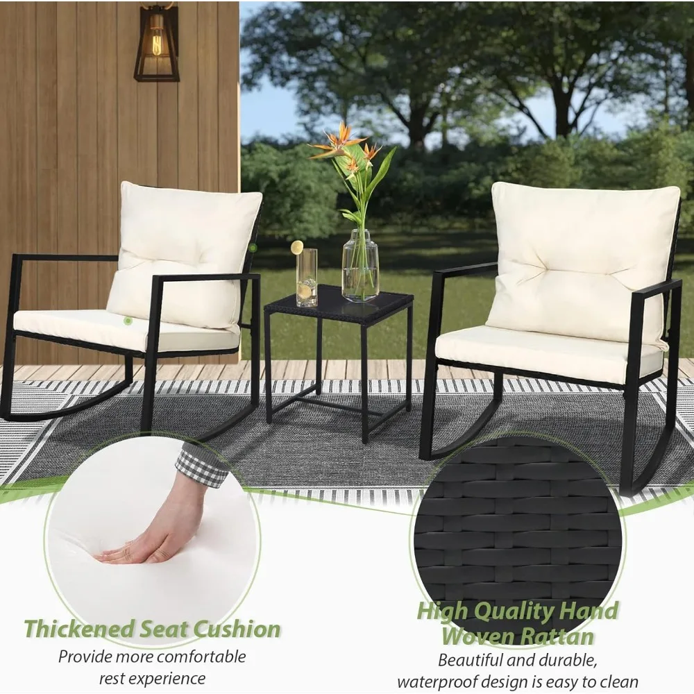 SUNCROWN 3 Piece Outdoor Rocking Bistro Set Black Wicker Furniture Porch Chairs Conversation Sets with Glass Coffee Table