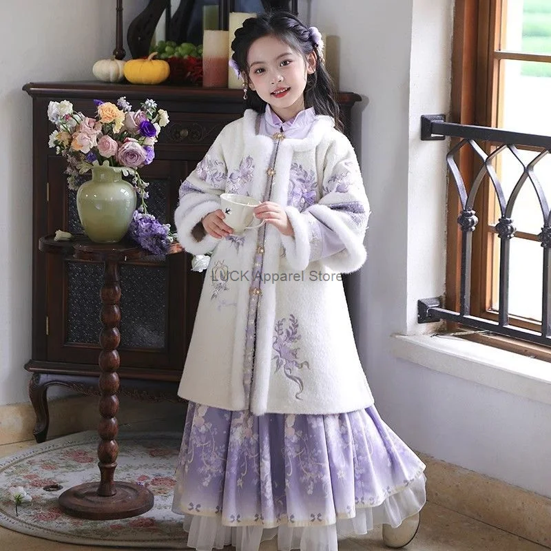 Girl's hanfu tangコスチューム、子供の古代スタイル、ぬいぐるみ、厚手、新年の日、女の子の服、冬