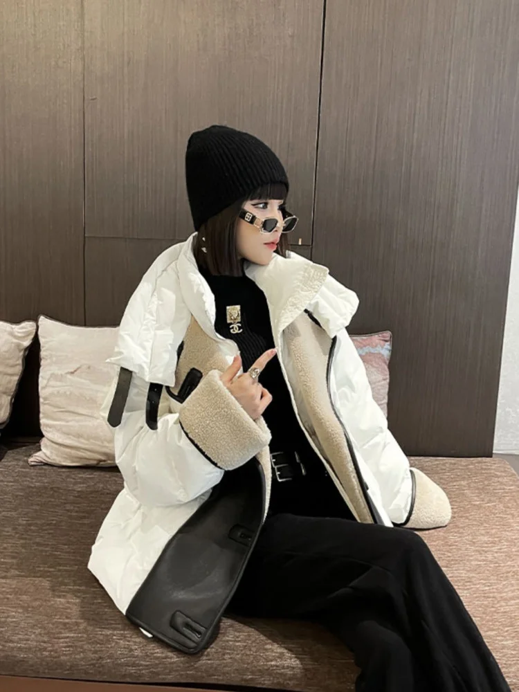 New Winter Thick Warm Down Jacket Women Fashion Lamb Leather Patchwork White Duck Down Coat Casual Loose Parkas