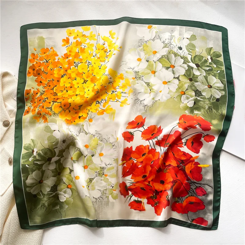 Spring Summer New Women's Square Floral Color Matching Scarves Thin and Smooth Small Shawls Sun Protection Scarf Neck Scarf