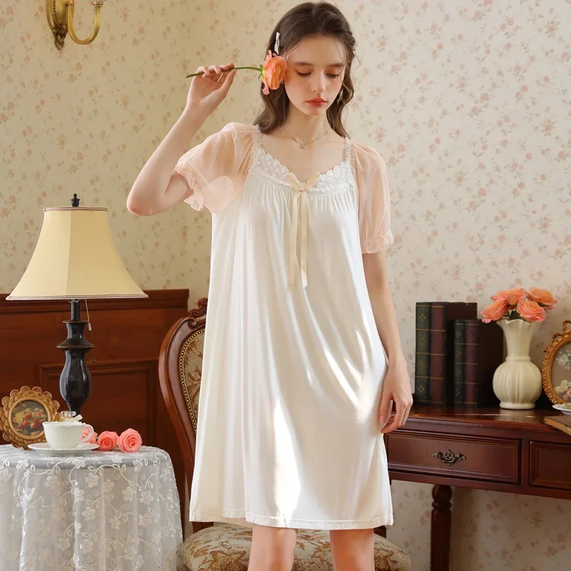 

Vintage Pure Night Dress Fairy Women Round Neck Short Sleeve Nightgown Sexy Long Nightgown Princess Lace Robe Sleepwear